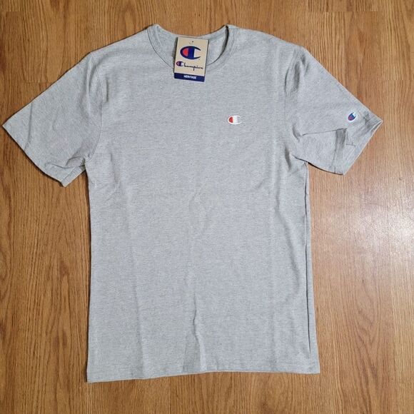 Champion Reverse Weave Heritage Logo Tee Heavy Cotton Grey White Men's Size S - Picture 1 of 5
